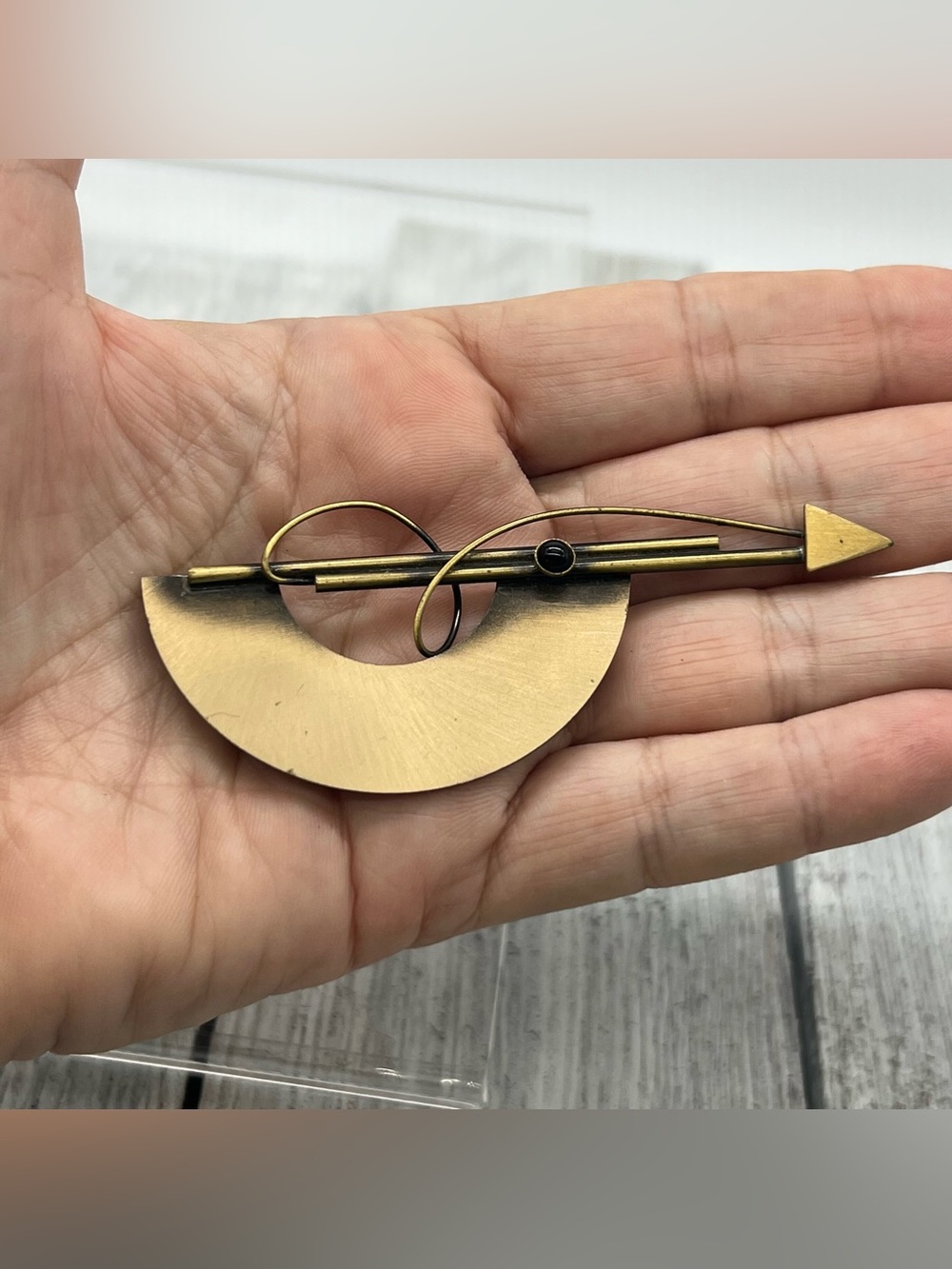 325. Mid Century Modern Brass Crescent Bar Brooch - Artisan Sculptural Metal Pin
